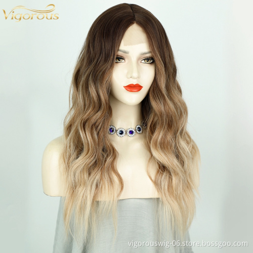 Vigorous Factory Light Brown Ombre Dark Roots Lace Front Wigs Middle Part for Black Women Long Body Wave Straight Wig